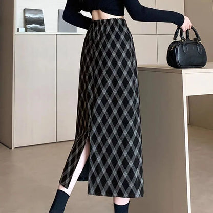 Women Plaid Skirt High Waisted Elastic A Line Midi Length Skirts for Woman Korean Style Fashion Retro Versatile Slit Long Skirts