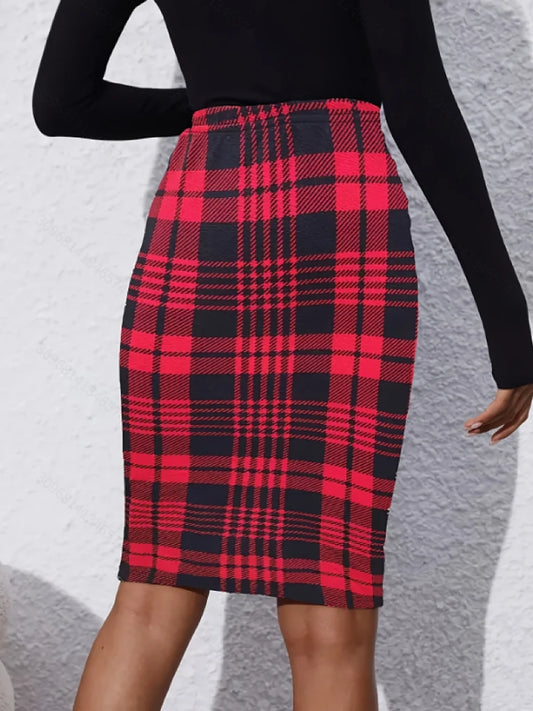 Sweet Cool Girl Red & Black Plaid High-Waist Bodycon Midi Skirt, Elastic Slim-Fit Pencil Skirt