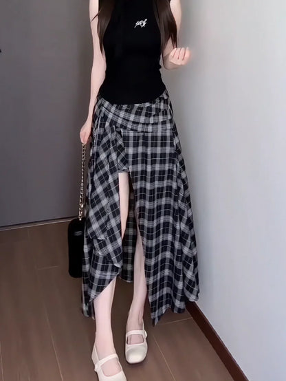 High Waist Asymmetric Plaid Skirt for Women Summer Breathable Comfortable A-Line Midi Skirt Slimming Design Split Front