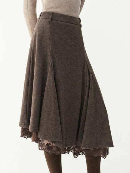 FSLE 2026 Winter Women's Vintage-Inspired Elegant Lace Panel Asymmetric Hem Midi Skirt - Chic Flattering for Everyday Wear