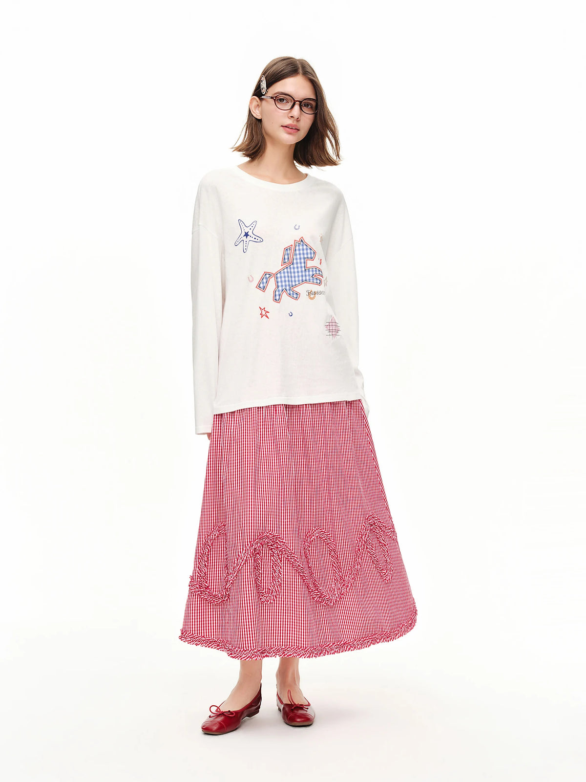 DUSHU Plaid Ruffled Hem Red Skirt Women 2026 Summer Relaxed Holiday Korean Style Loose-fitting Midi Skirt Age-reducing Citywalk