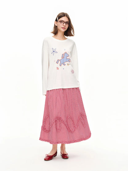 DUSHU Plaid Ruffled Hem Red Skirt Women 2026 Summer Relaxed Holiday Korean Style Loose-fitting Midi Skirt Age-reducing Citywalk