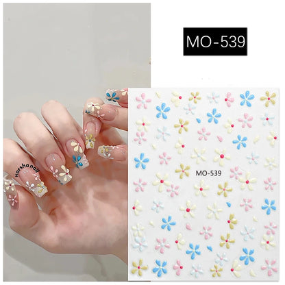 5D Embossed Nail Art Decals Elegant Petals Florals Daisy Flowers Leaves Adhesive Sliders Stickers For Manicure Tips Decoration