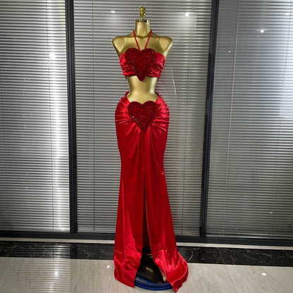 Shining Rhinestones Heart Women Sexy Halter 2 Pieces Bodycon Long Maxi Dress Nightclub Party Celebrate Performance Costumes