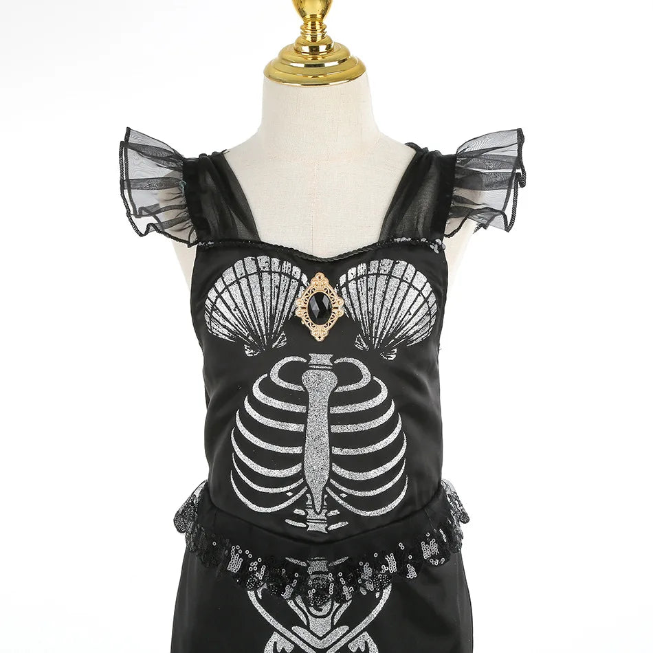 2-10Yrs Girls Halloween Party Skeleton Print Mermaid Princess Dress Gothic Style Black Trumpet Skirt Siren Ariel Cosplay Costume