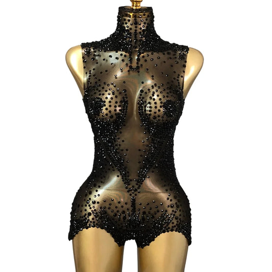 Sparkly Rhinestones Bodysuit for Women Sexy Mesh See Through Party Performance Dance Costume Singer Dancer Show Club Stage Wear