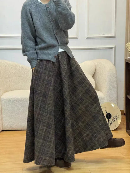 Vintage Plaid Midi Skirts for Women Korean High Waist Casual Faux Wool Skirts Y2K Elegant Office Lady All Match A Line Skirts
