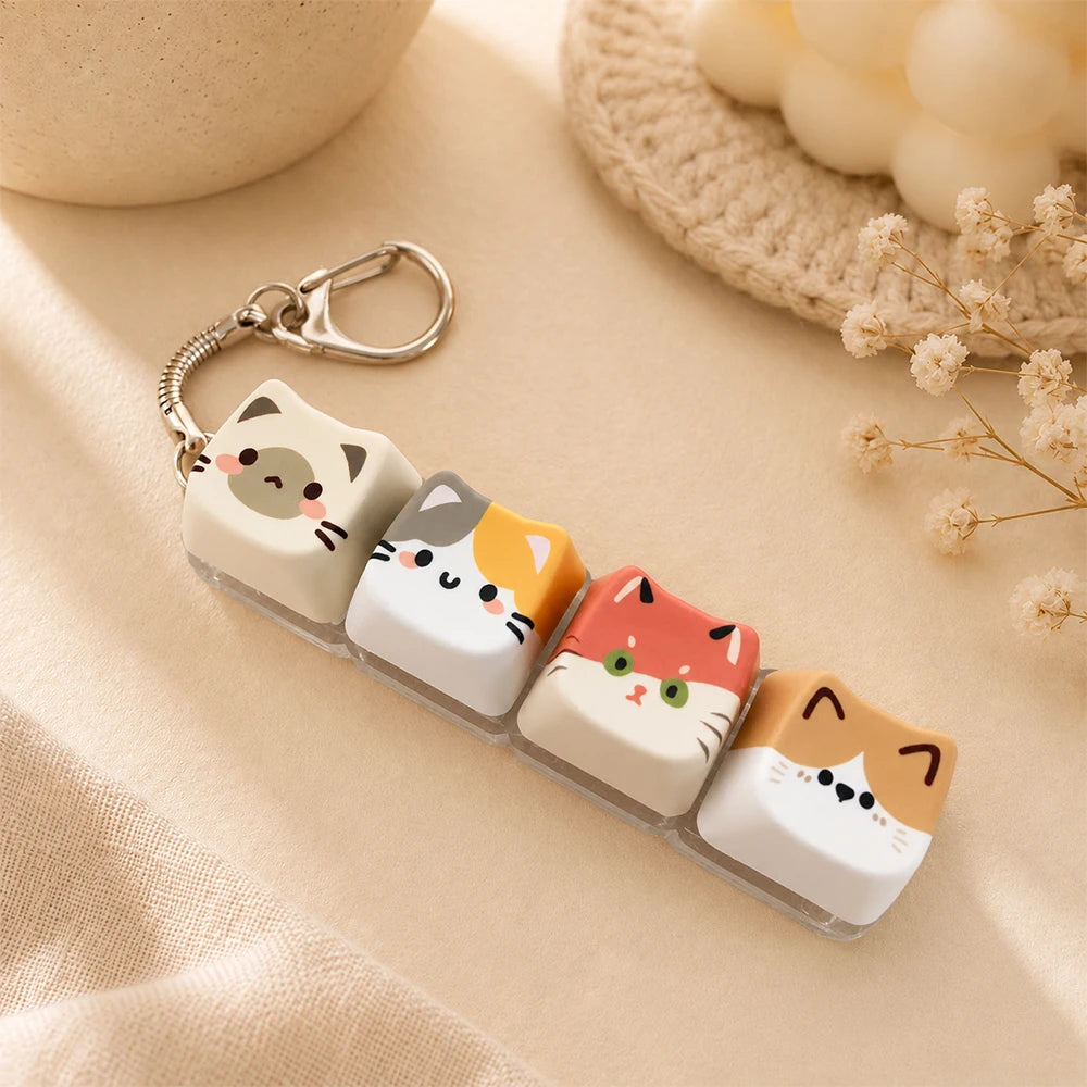 Cute Cat Relax Button Keycap, Kawaii Cat 4-Key Keyboard Fidget Toy for Friends Gift, Portable Fidget Keychain Fashion Bag Charm