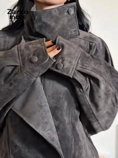 Fashion Dark Gray Suede Bomber Jacket Women Stand Collar Full Sleeve Oversize Asymmetric Street Coats 2026 Autumn Lady Jackets