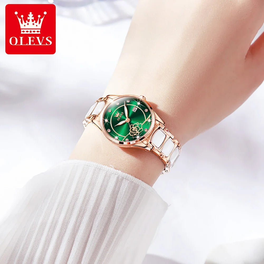 OLEVS Ladies Watch Ceramic Strap Elegant Fashion Luxury Waterproof Luminous Quartz Watch For Women Valentine's Day Present 3606