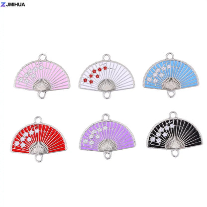 15pcs Enamel Fan Charms Connector Sakura Pattern Pendants For Crafts Jewelry Making DIY Bracelets Earrings Accessories