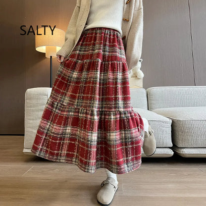 Sweet Vintage High Waist A- Line Plaid Woolen Skirt Women Autumn Winter Midi Length Skirt Woman Comfortable Casual Style