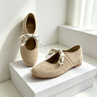 Fashion Round Toe Ballet Flats Women Lace-up Faux Suede Shallow Concise Soft Sole Mary Jane Shoes Women Casual Brand Shoes