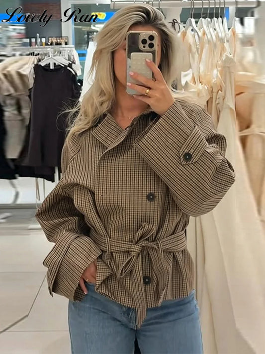 Loose Plaid Lace Up Jacket Women Vintage Double Breasted Full Sleeve Lapel Belts Jackets Female 2026 Autumn Outwear Lady