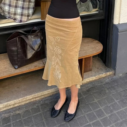 Summer Vintage Printed Long Skirt Female High Waist Commute Side Split Elegant Contrast Clothes Women's Slim Maxi Skirt 2026 New