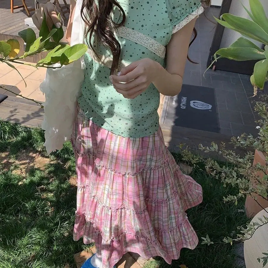 Korean Style Fashion Vinntage Y2K Pink Plaid Ruffle A-Line Midi Skirt Summer Sweet Kawaii Cute High Waist Long Skirts for Women
