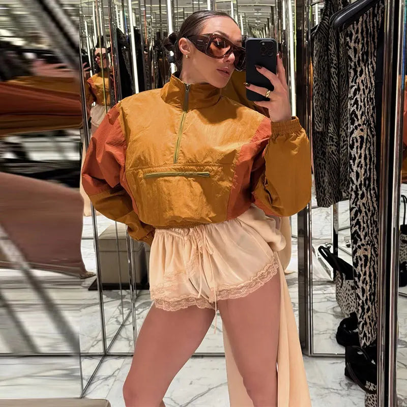 Casual Paneled Contrast Women's Cropped Windbreaker Loose Stand Collar Zipper Full Sleeve Jackets 2026 Autumn Lady Chic Outwear