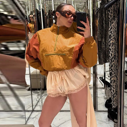 Casual Paneled Contrast Women's Cropped Windbreaker Loose Stand Collar Zipper Full Sleeve Jackets 2026 Autumn Lady Chic Outwear
