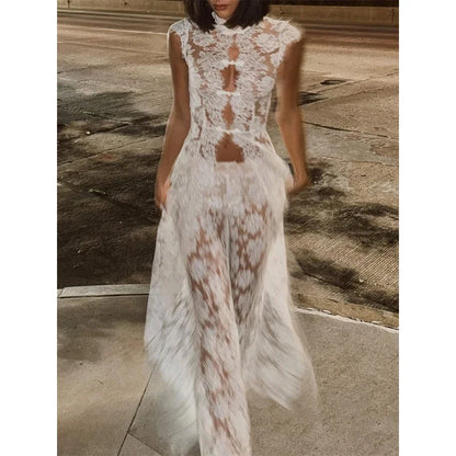 White Lace Embroidery Pant Suit Women Stand Neck Sleeveless Hollow-out Waist Cinching See Through Set Lady Summer Sheer Outfit
