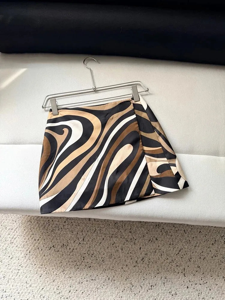 Summer Fashion Party Vintage Pattern Print Silk Mini Pencil Skirt Women's Low Waist Slim Buckle Strap Buttock Covering Skirt