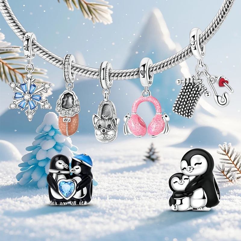 Original 925 Sterling Silver Charms Beads Winter Snowflake Snowman Igloo Penguin Pendant Fit Bracelet Charms Women Jewelry Gift
