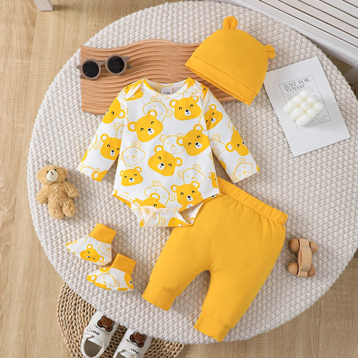 0-9 Months Baby Boy Set Little Bear Long Sleeve Bodysuit+Pants+Hat+Socks 4pcs/Set Baby Spring Autumn Clothing Newborn Set