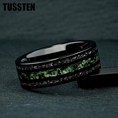 TUSSTEN 8MM Men's and Women's Wedding Tungsten Ring Inlaid Moss Agate And Meteorolite Inlay Comfortable Fit