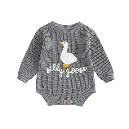 Infant Baby Knitted Rompers Cute Long Sleeve Round Neck White Goose Letter Embroidery Jumpsuit