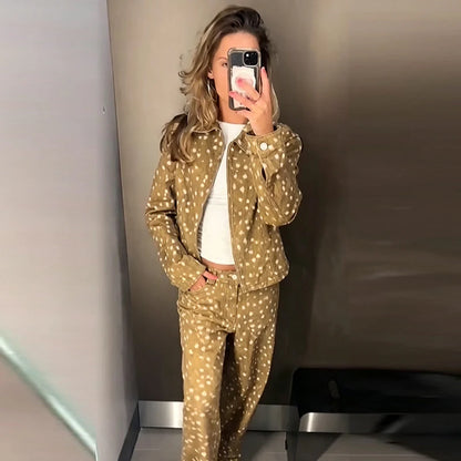 Retro American Deer Dotted Print 2 Piece Outfit Zipper Jacket Button Loose Trousers 2026 Winter New Casual Women Pants Sets