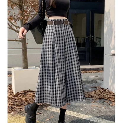 Women's Plaid A-Line Skirt with Tie Waist