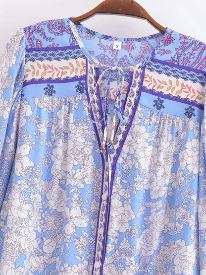 Boho Queens Vintage Purple Floral Print Front Button Loose Blouses  Ladies Lace-up V-Neck Long Sleeve Beach Shirts Tops Blusas