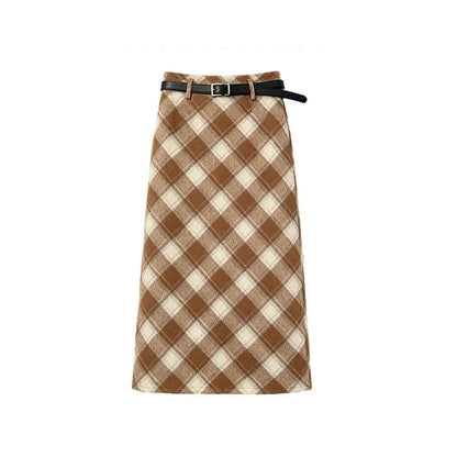 Plaid Woolen Skirts Women New Fashion 2026 Autumn Winter High Waisted Straight Midi Skirts Woman Preppy Style Retro Long Skirt