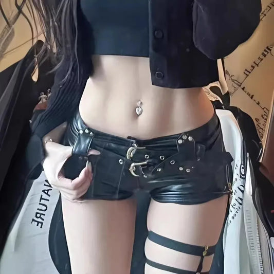 Fashionable Pu Leather Belt Ultra Shorts Boots Low Waist Spice Girl Y2k Dressing Shorts Sexy Vintage Short Pants Women's