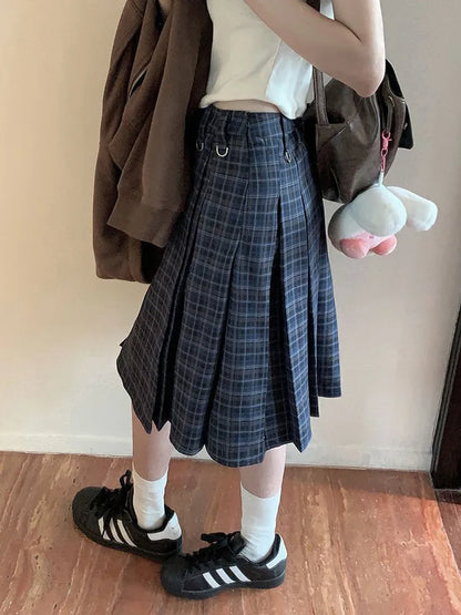 Spring Vintage Plaid Midi Skirt Women High Waist Preppy Style Slim Sweet Pleated Skirts Casual Retro Korean Ins A Line Skirt New