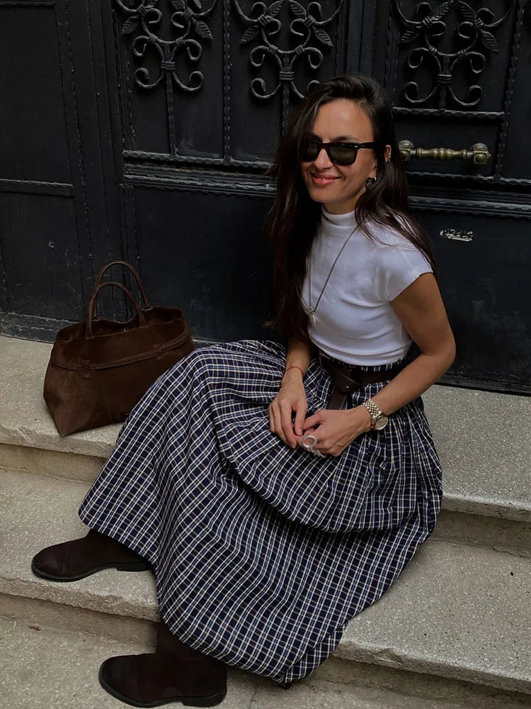 Women's Checked Pleated Skirt with Waist Detail