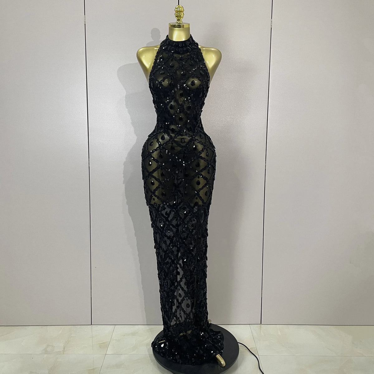 Newest Shiny Diamond Sequins Green Sexy Mesh Long Dress Women Celebrate Evening Prom Birthday Party Nightclub Stage Costume