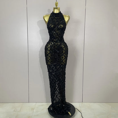 Newest Shiny Diamond Sequins Green Sexy Mesh Long Dress Women Celebrate Evening Prom Birthday Party Nightclub Stage Costume