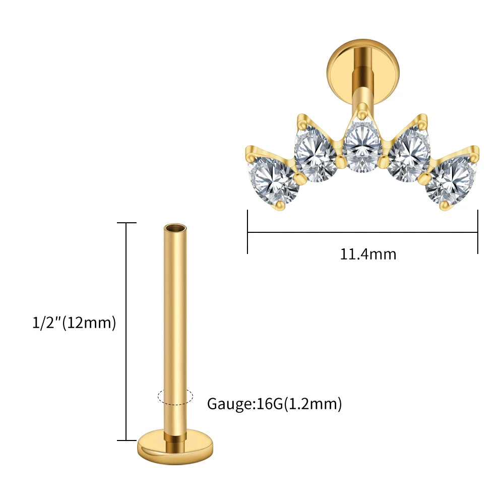 Right Grand ASTM F136 Titanium 5-Pear CZ Crown Cartilage Earring 16G Flat Back Stud Helix Tragus Labret Nose Piercing Jewelry