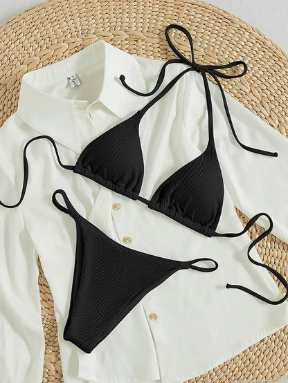 2025 Special Pit Stripe Fabric Bikini Set Women Sexy Simple Solid Halter Bikini Swimsuit High Waisted Lace Up Beach Bathing Suit