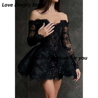 Black Lace Mini Cocktail Dresses for Woman Customized Sweetheart Neck 3/4 Sleeves Beading Luxury Prom Party Gowns 2026