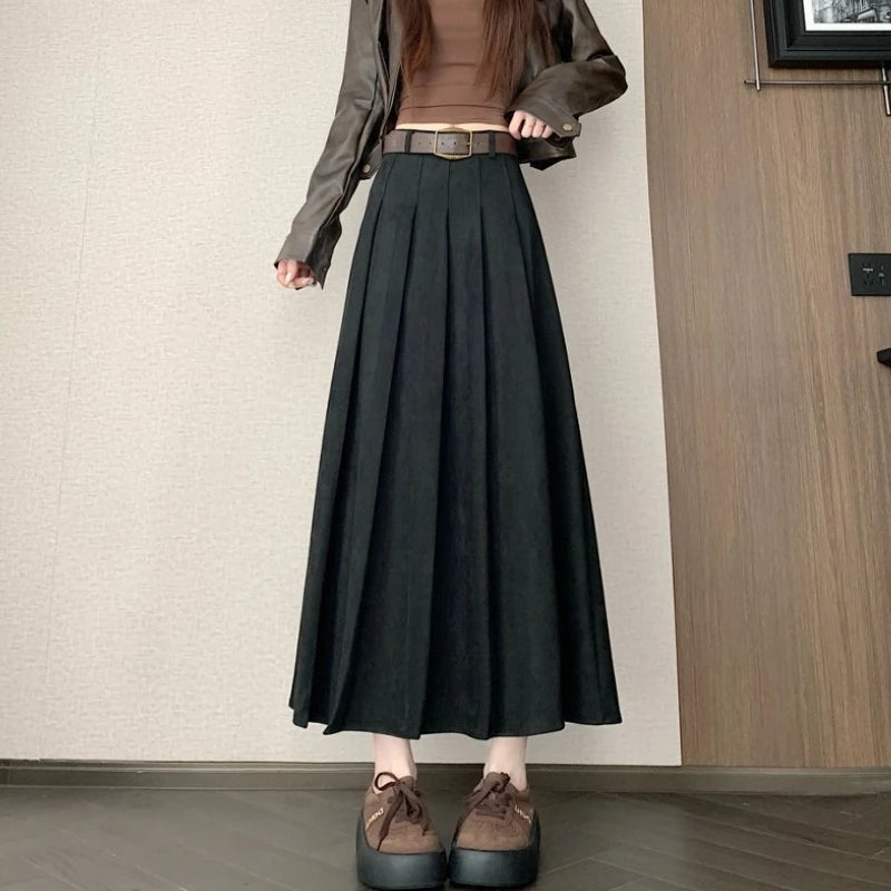 Qiukichonson Midi Long Skirts Womens Suede Skirt 2026 Autumn Winter Goth Vintage High Waist Ruffle Pleated Skirts Maxi With Belt