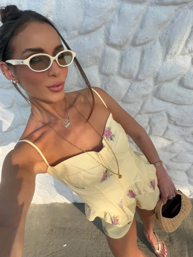 Fashion Print Spaghetti Strap Top Shorts Set Women Sleeveless Ruffled Hem Cropped Fishbone Corset Suit 2026 Lady Vacation Outfit