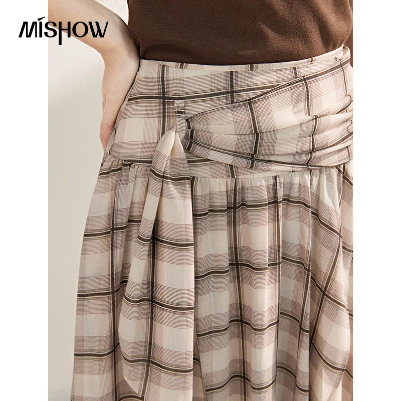 MISHOW New French-style Plaid Chiffon High-waist Skirt 2026 Summer Elegant Irregular Invisible Zipper Dress for Women MXF21B2493