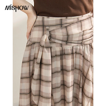 MISHOW New French-style Plaid Chiffon High-waist Skirt 2026 Summer Elegant Irregular Invisible Zipper Dress for Women MXF21B2493