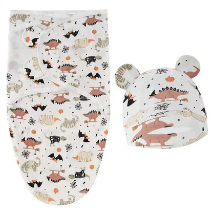 Baby Blanket Hat Set Cartoon Printed Cotton Newborn Swaddle Adjustable Infant Sleeping Swaddle Wraps All Seasons 0-6 Months