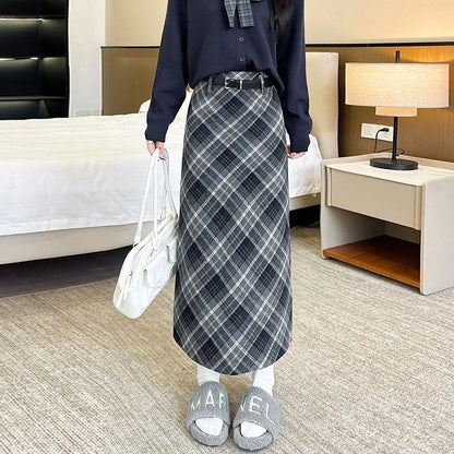 TFETTERS Women Christmas Red Plaid Midi Skirt Autumn Winter Woolen A Line Long Skirt High Waist Vintage Check Straight Skirt