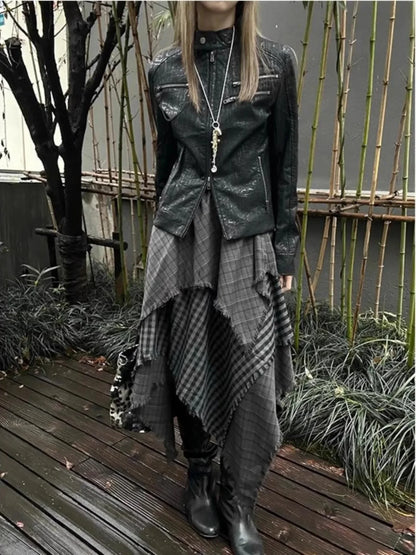 Women's Grey Asymmetric Plaid Panel Skirt