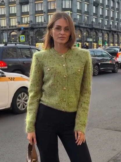 Knitted Cardigan For Women Single Breasted Elastic Hem Pocket O-Neck Women's Sweater Long Sleeve Short Blouse Chic Cardigan Lady