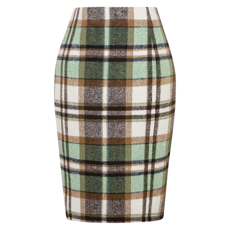 Women Tartan Plaid Thick Woolen Pencil Skirt Lined Back Invisible Zipper High Waist Bodycon Midi Skirt For Daily Casual Outings