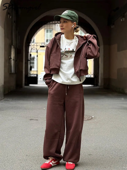Women Tracksuits Winter Fleece Sweatsuit Brown Warm Crop Zipper Hoodies And Sweatpants Set For Women 2 Piece Velvet Pants Sets